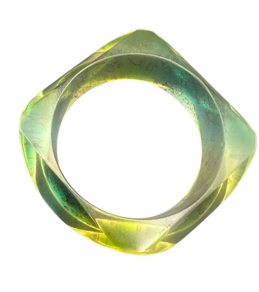 Artisan Resin Bangle Bracelet Green Teal Gold abstract wide statement cuff